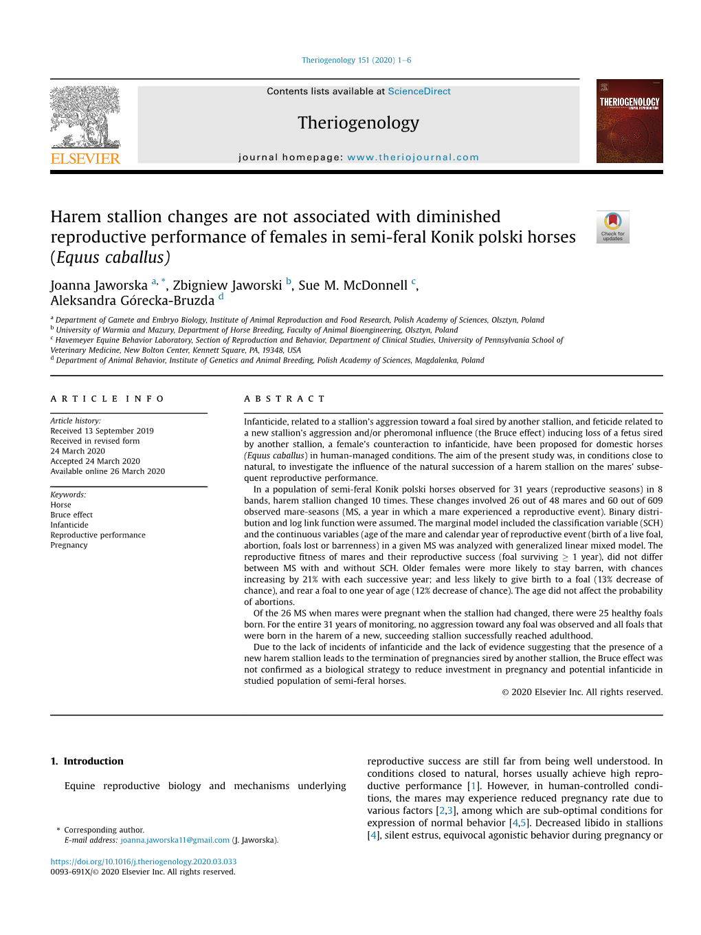 Harem Stallion Changes Are Not Associated with Diminished Reproductive Performance of Females in Semi-Feral Konik Polski Horses (Equus Caballus)