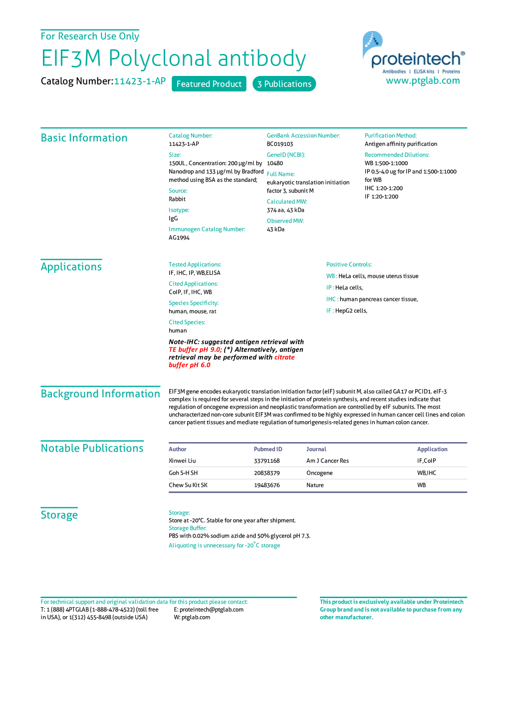 EIF3M Polyclonal Antibody Catalog Number:11423-1-AP Featured Product 3 Publications