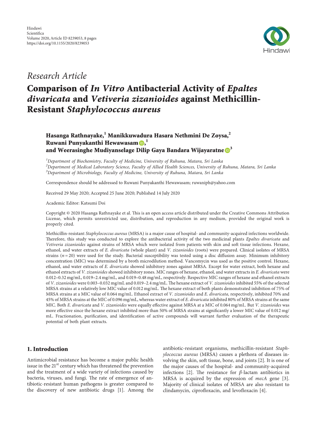 Comparison of in Vitro Antibacterial Activity of Epaltes Divaricata and Vetiveria Zizanioides Against Methicillin- Resistant Staphylococcus Aureus