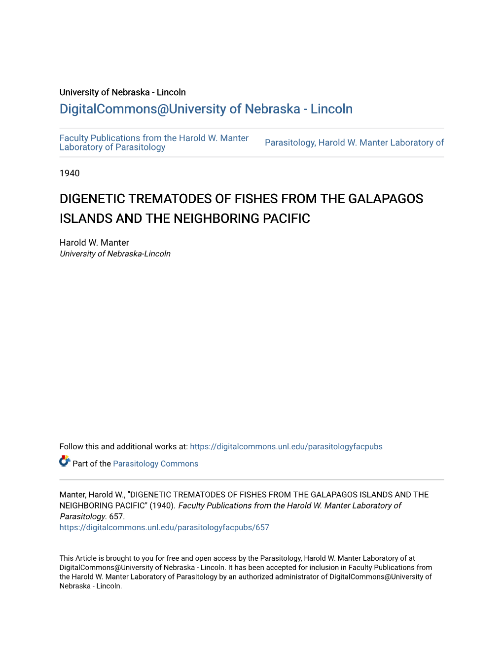 Digenetic Trematodes of Fishes from the Galapagos Islands and the Neighboring Pacific