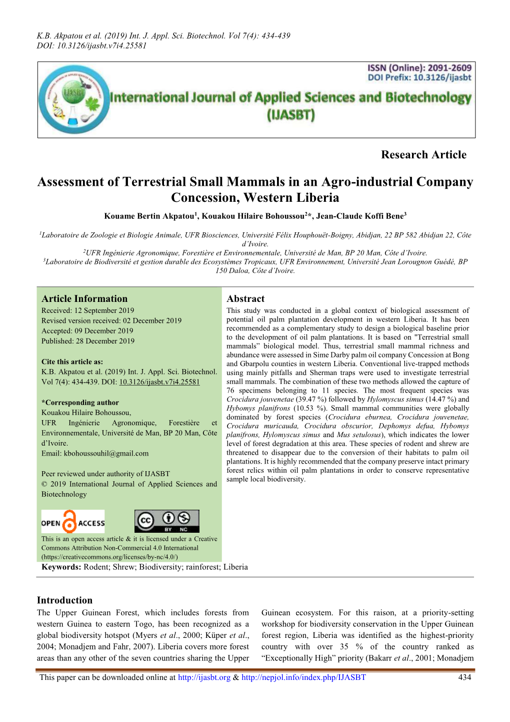 Assessment of Terrestrial Small Mammals in an Agro-Industrial Company Concession, Western Liberia