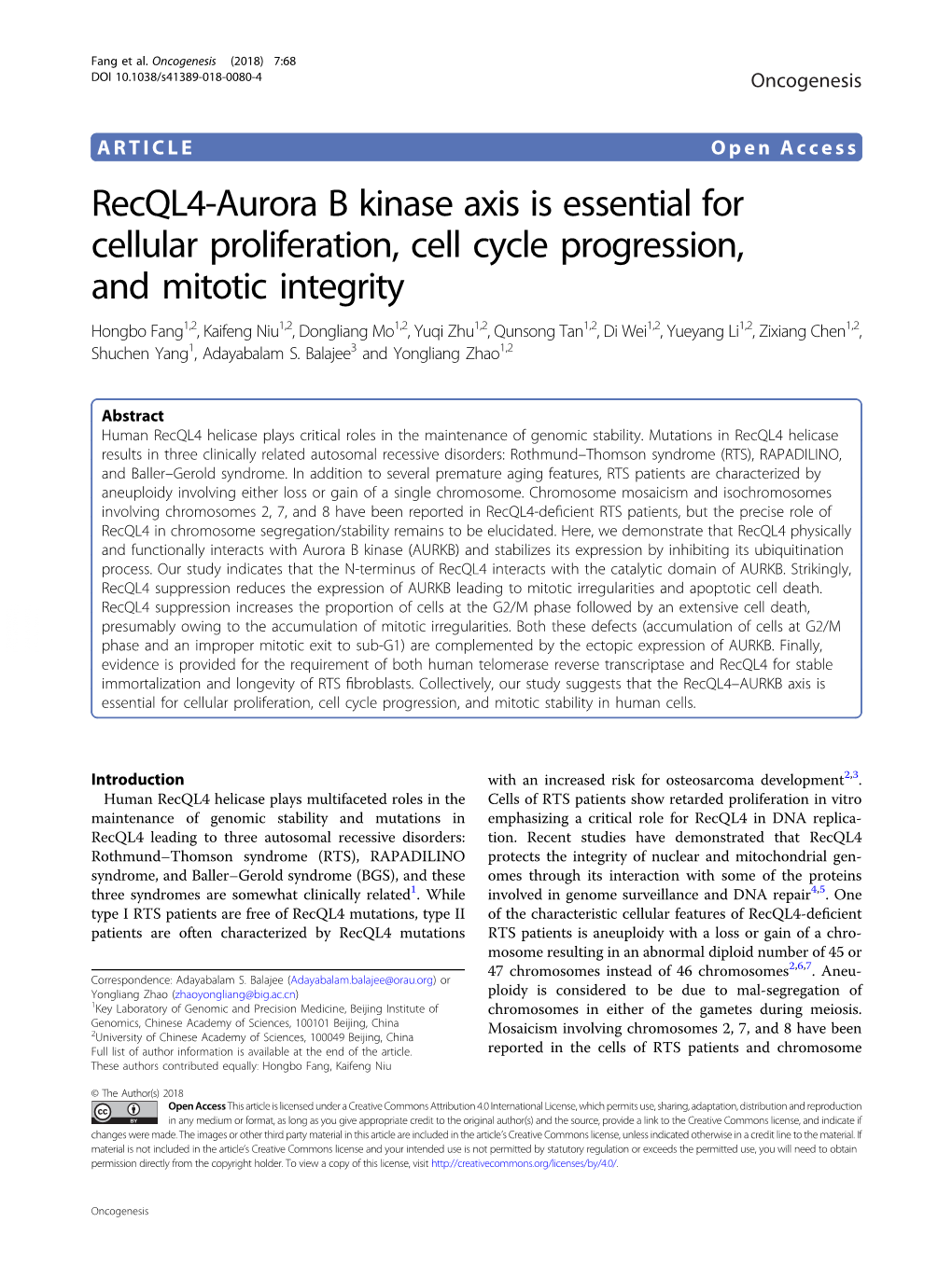 Recql4-Aurora B Kinase Axis Is Essential for Cellular Proliferation