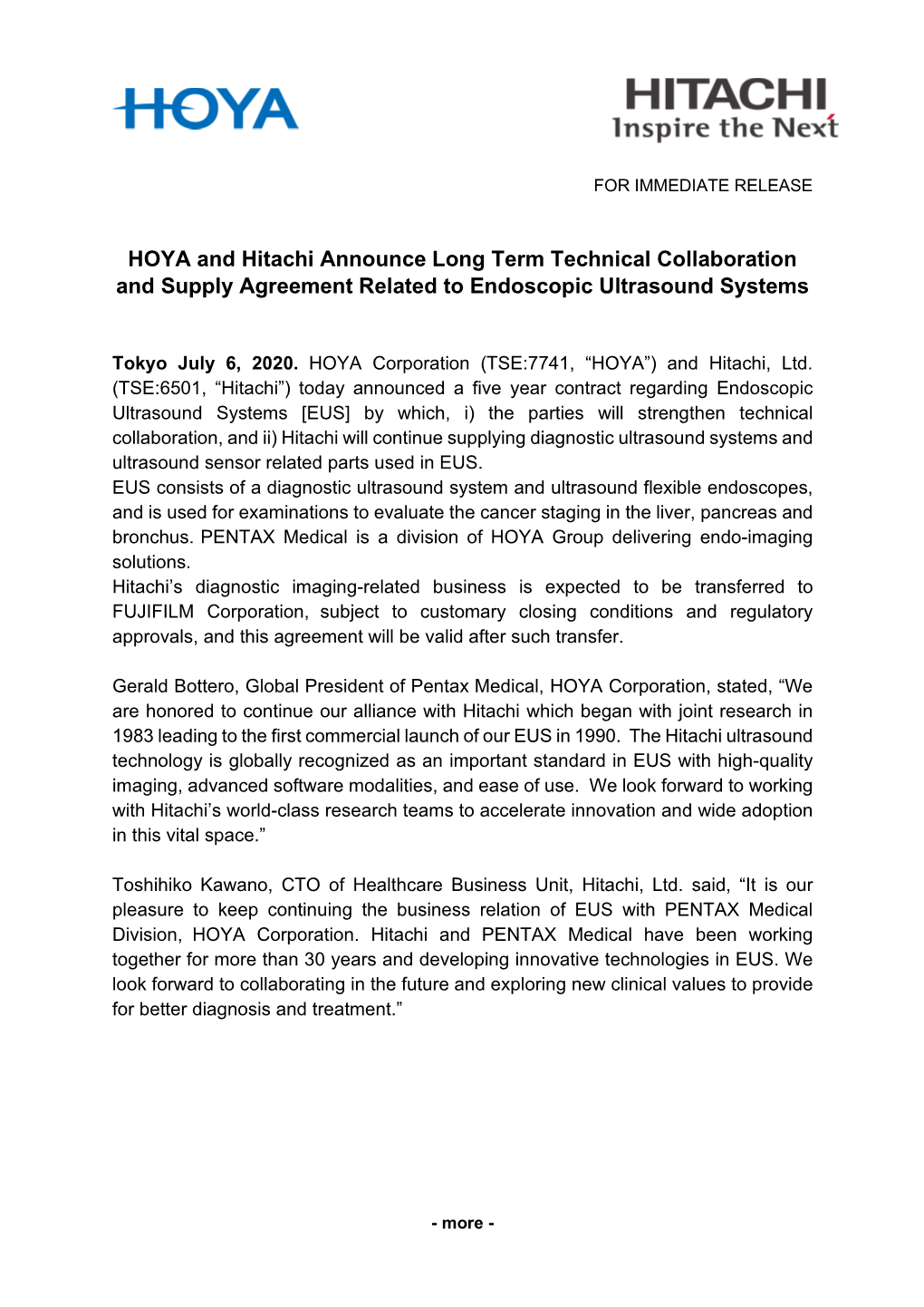 HOYA and Hitachi Announce Long Term Technical Collaboration and Supply Agreement Related to Endoscopic Ultrasound Systems