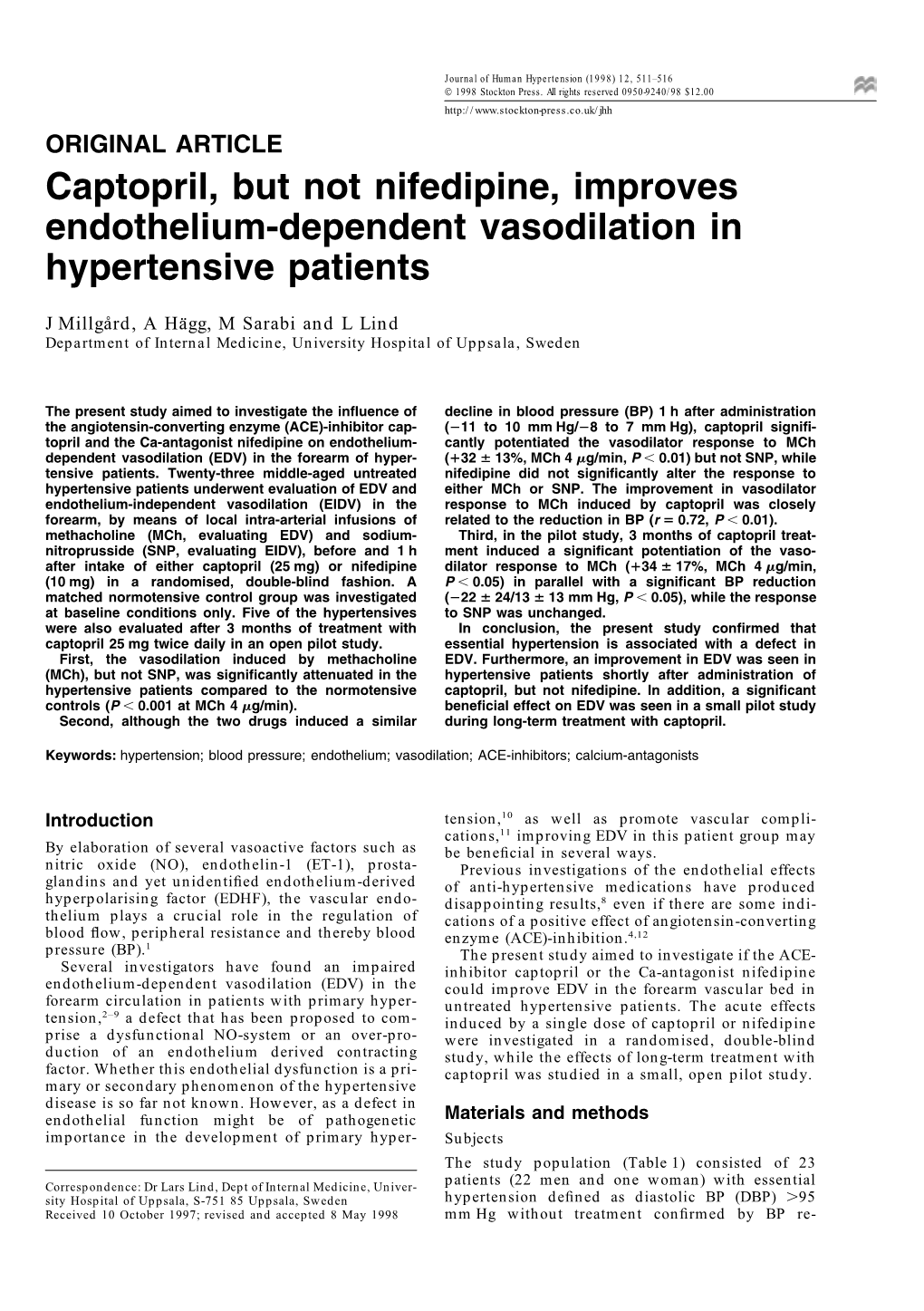 Captopril, but Not Nifedipine, Improves Endothelium-Dependent Vasodilation in Hypertensive Patients