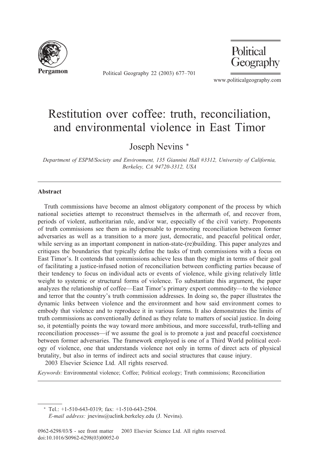 Restitution Over Coffee: Truth, Reconciliation, and Environmental Violence in East Timor