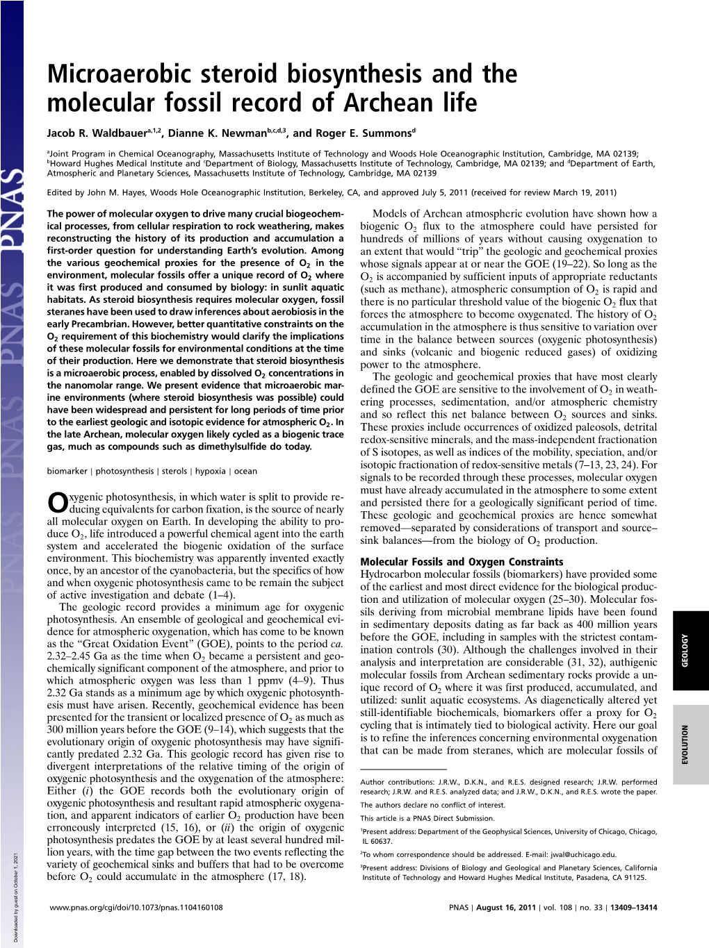 Microaerobic Steroid Biosynthesis and the Molecular Fossil Record of Archean Life