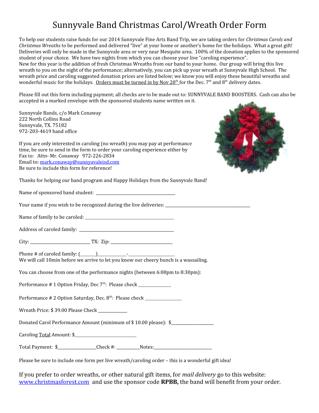 Sunnyvale Band Christmas Carol/Wreath Order Form