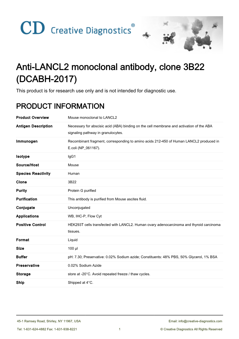 Anti-LANCL2 Monoclonal Antibody, Clone 3B22 (DCABH-2017) This Product Is for Research Use Only and Is Not Intended for Diagnostic Use