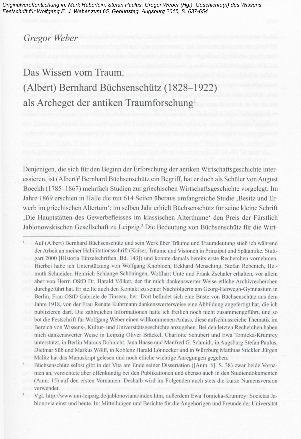 Das Wissen Vom Traum. (Albert) Bernhard Büchsenschütz (1828-1922) Als Archeget Der Antiken Traumforschung1