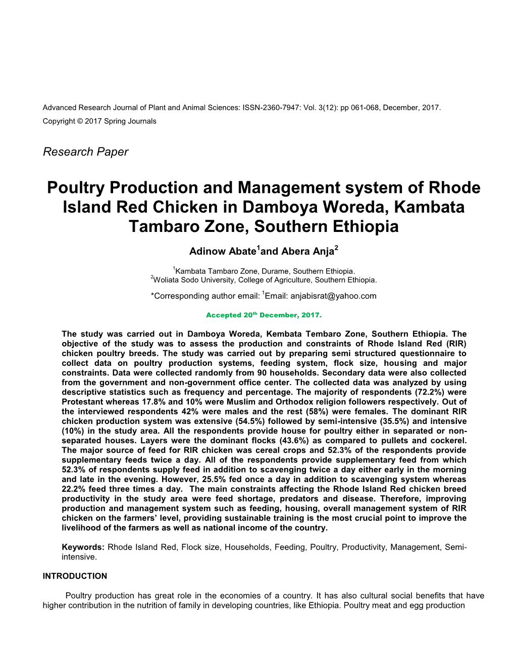 Poultry Production and Management System of Rhode Island Red Chicken in Damboya Woreda, Kambata Tambaro Zone, Southern Ethiopia