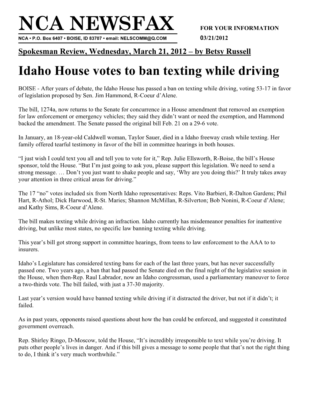 Idaho House Votes to Ban Texting While Driving