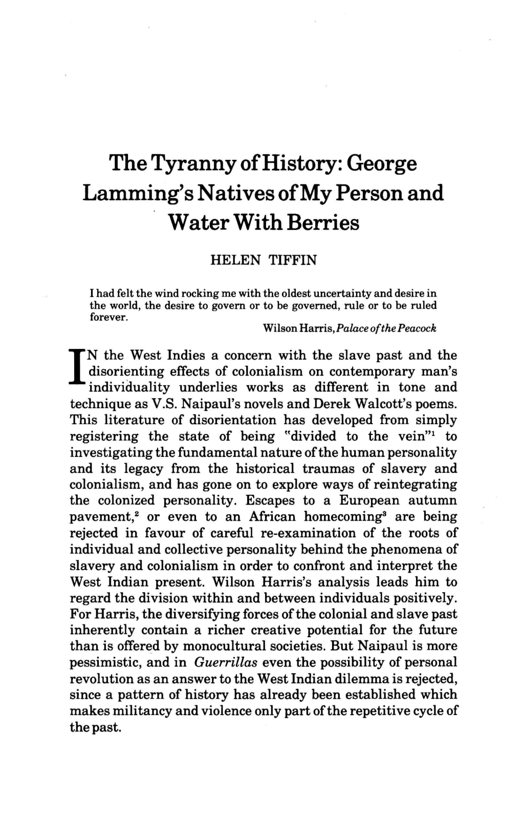 George Lamming's Natives of My Person and Water with Berries