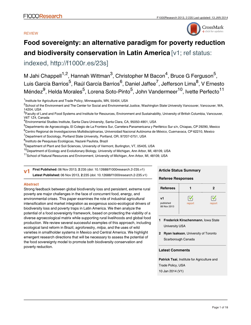 Food Sovereignty: an Alternative Paradigm for Poverty Reduction and Biodiversity Conservation in Latin America [V1; Ref Status: Indexed