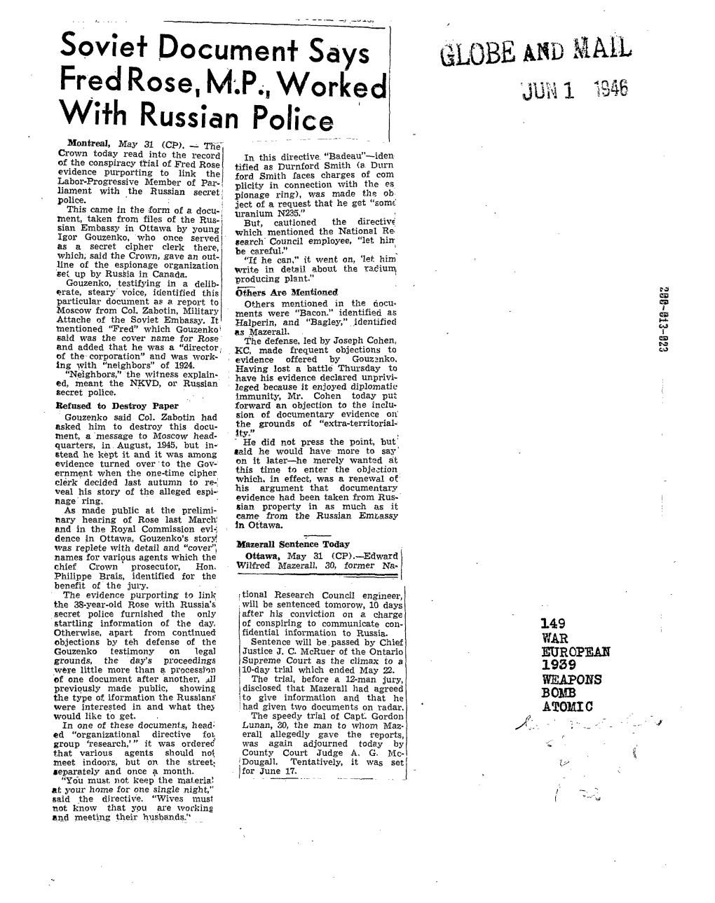 Soviet Documentsays Fred Rose, MY:, Worked with Russianpolice