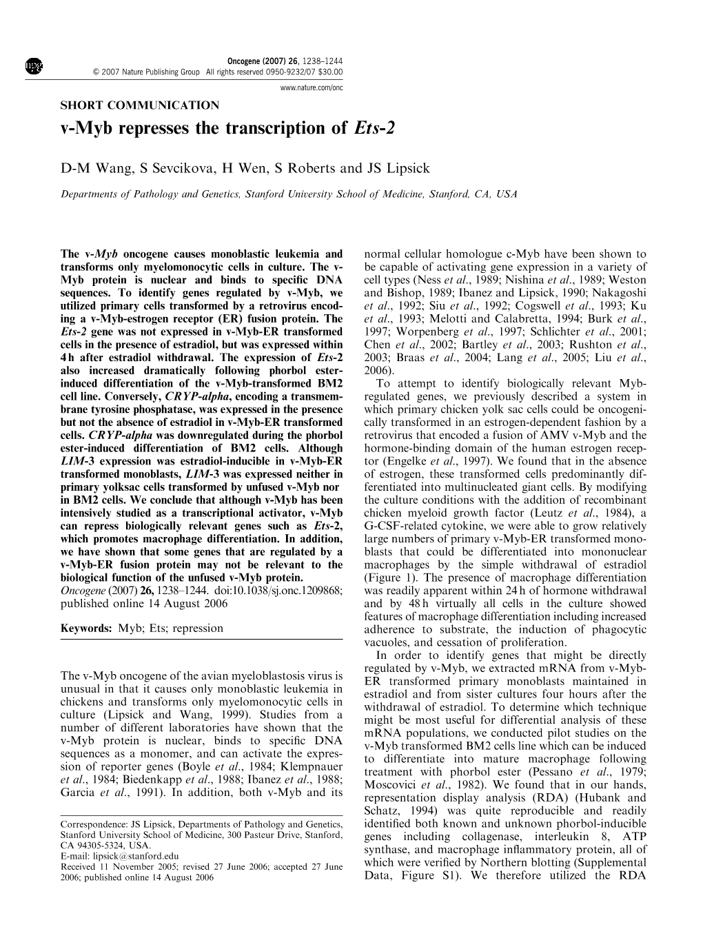 V-Myb Represses the Transcription of Ets-2