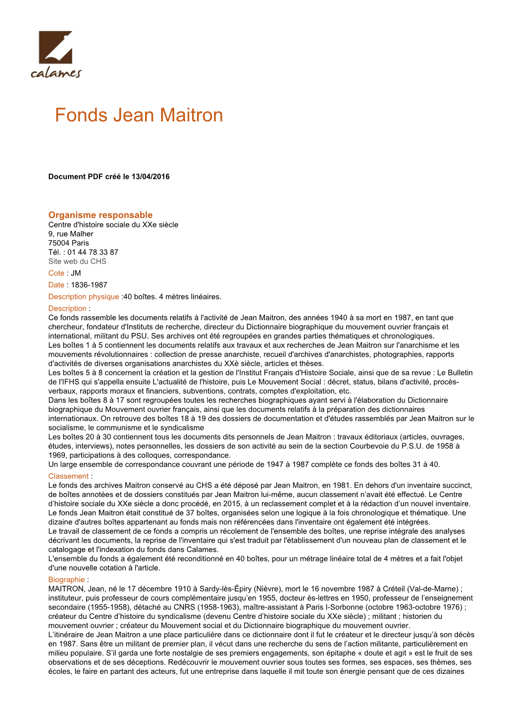Inventaire Du Fonds Jean Maitron
