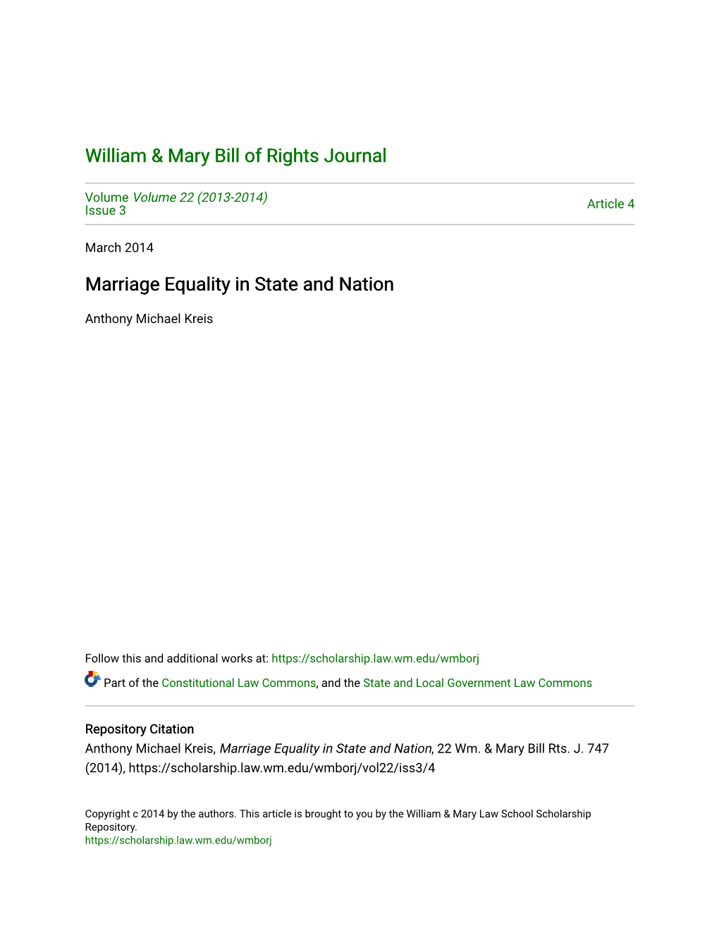 Marriage Equality in State and Nation