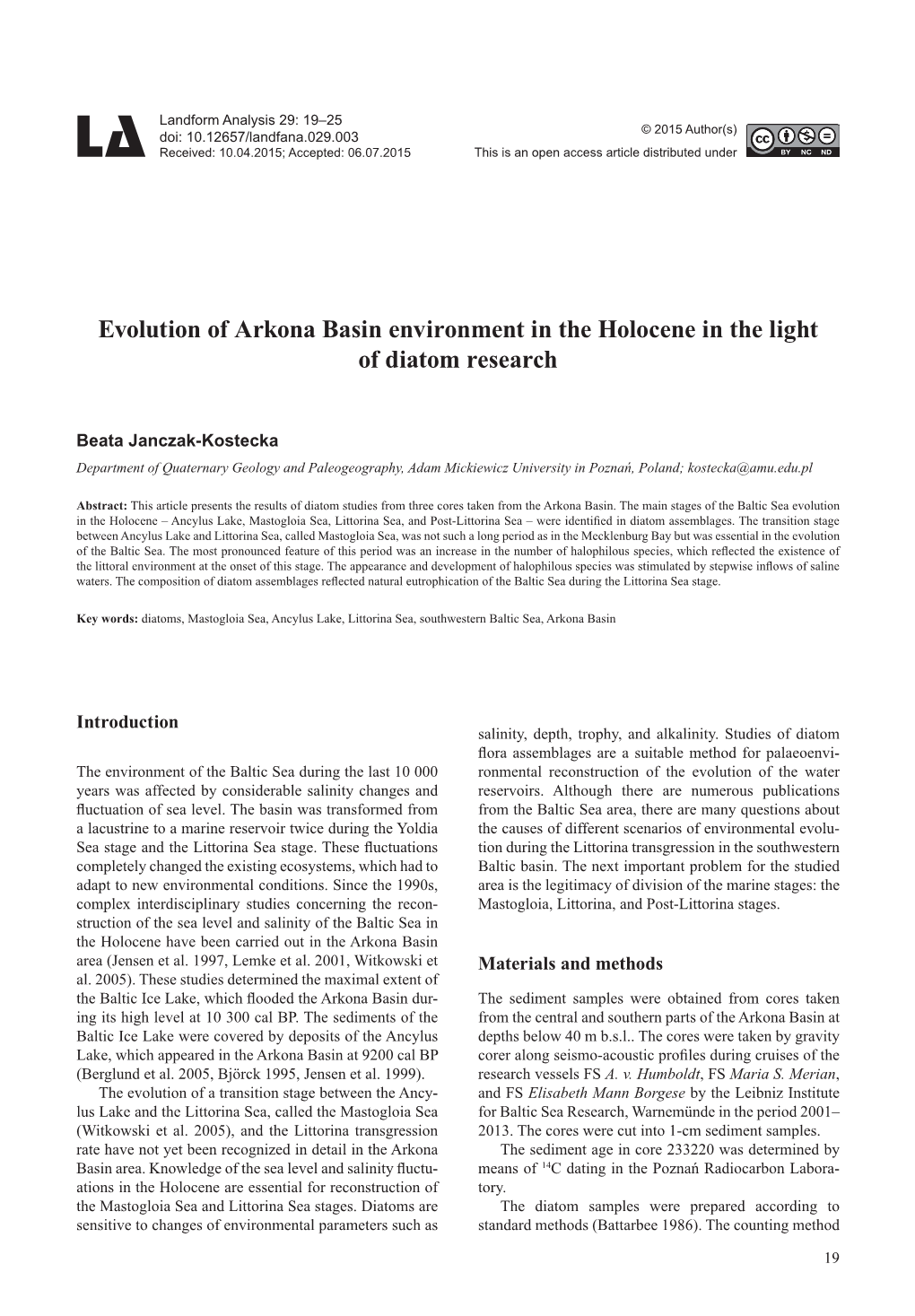 Evolution of Arkona Basin Environment in the Holocene in the Light of Diatom Research