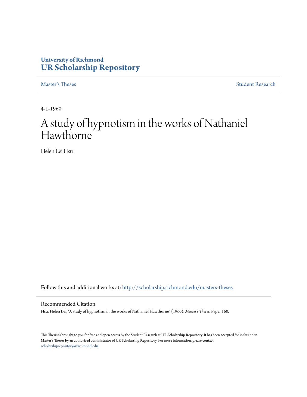 A Study of Hypnotism in the Works of Nathaniel Hawthorne Helen Lei Hsu