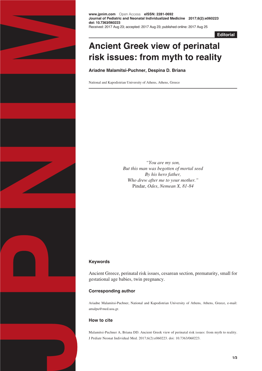 Ancient Greek View of Perinatal Risk Issues: from Myth to Reality