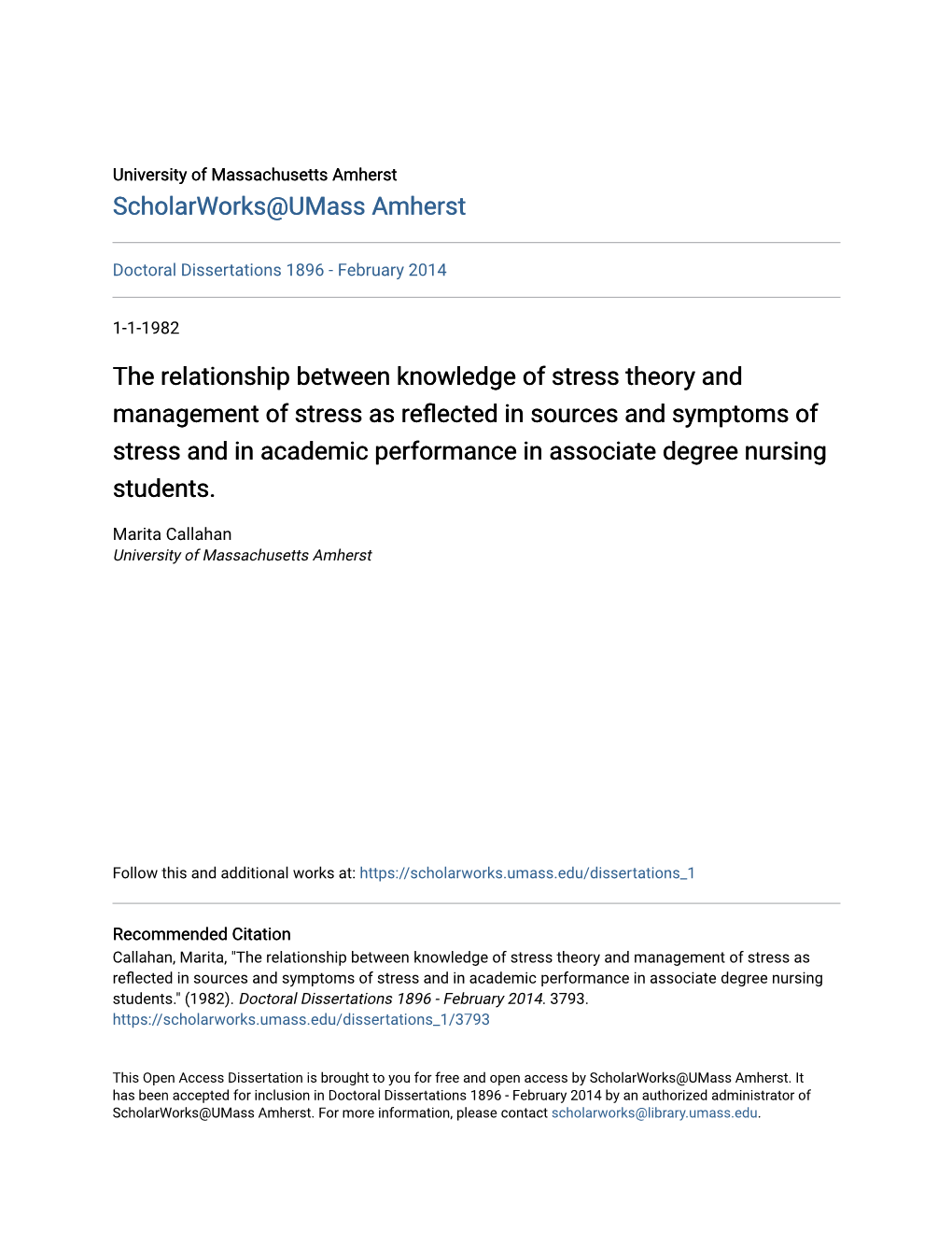 The Relationship Between Knowledge of Stress Theory and Management Of