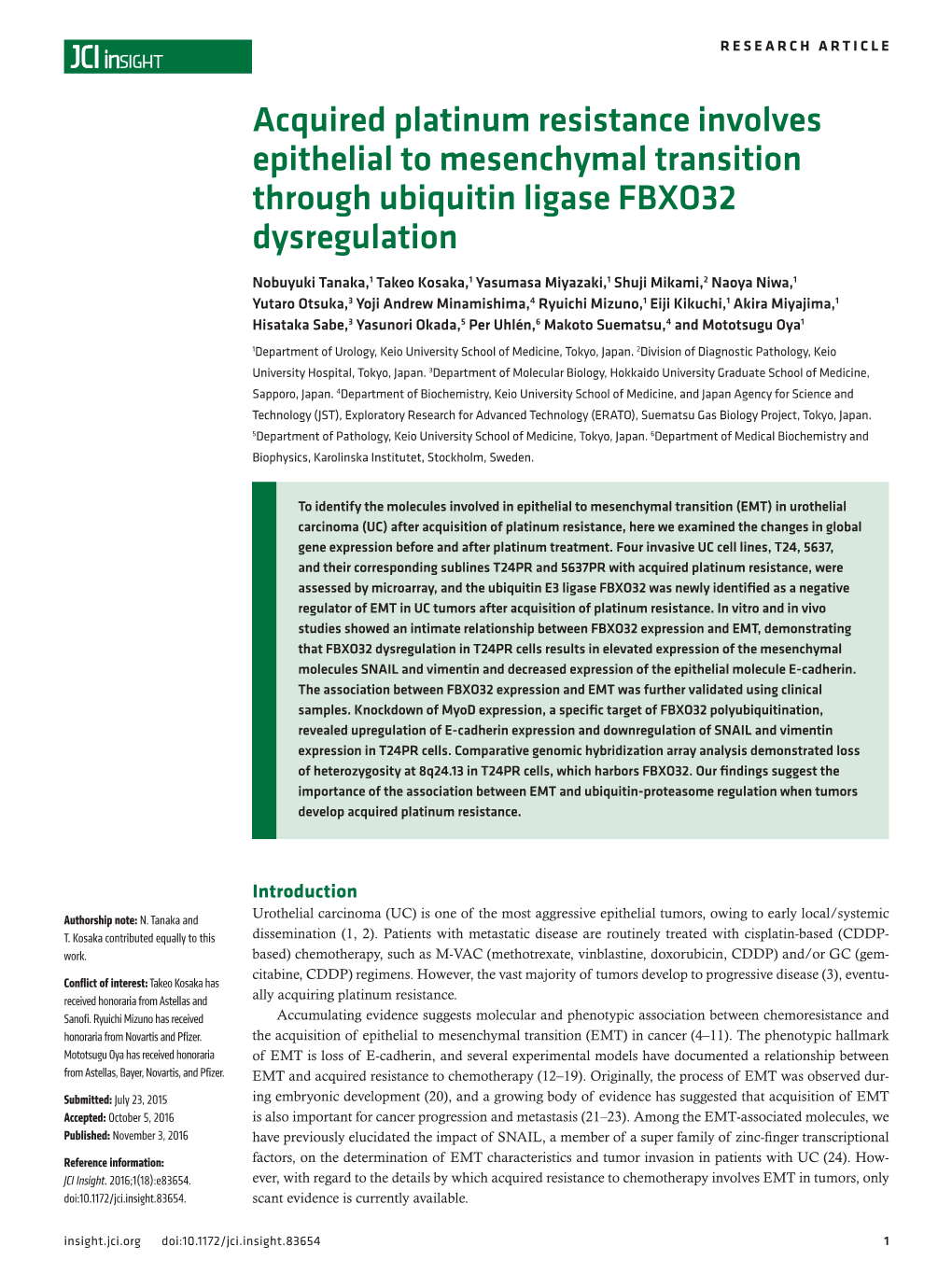 Acquired Platinum Resistance Involves Epithelial to Mesenchymal Transition Through Ubiquitin Ligase FBXO32 Dysregulation