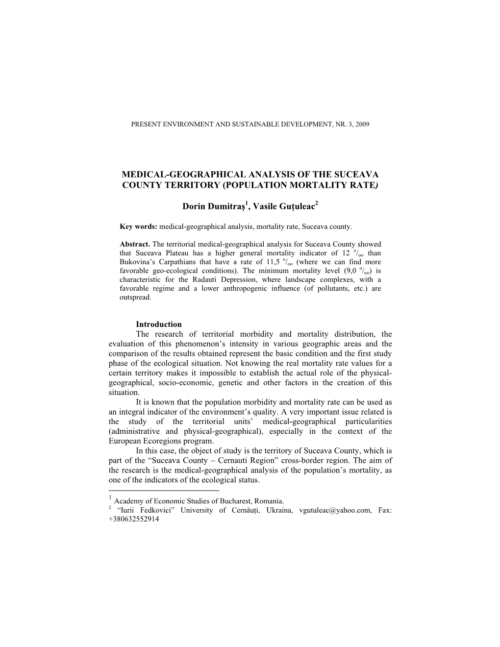 Medical-Geographical Analysis of the Suceava County Territory (Population Mortality Rate)