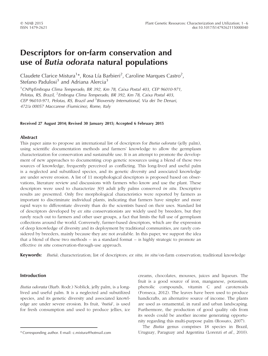 Descriptors for On-Farm Conservation and Use of Butia Odorata Natural Populations