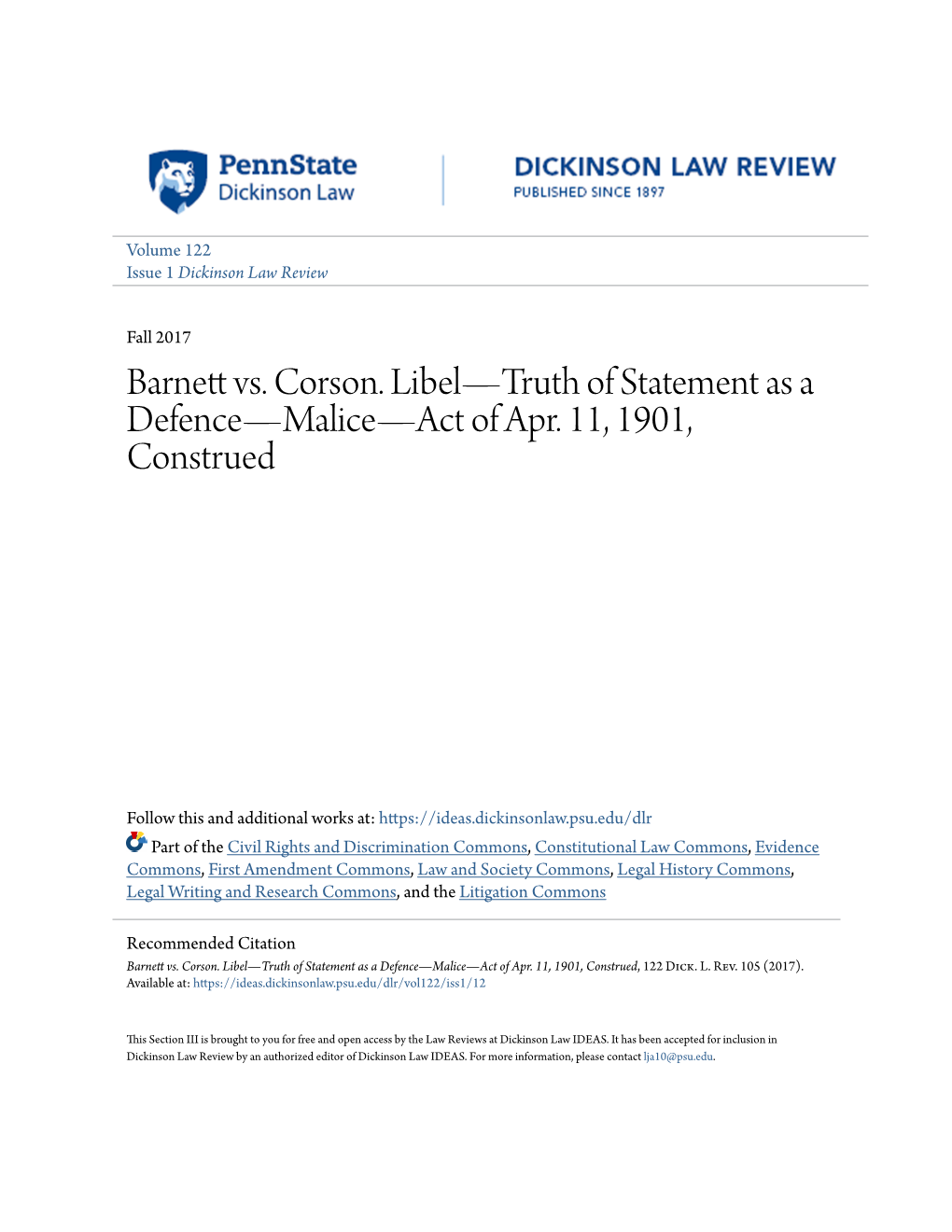 Barnett Vs. Corson. Libel—Truth of Statement As a Defence—Malice—Act of Apr