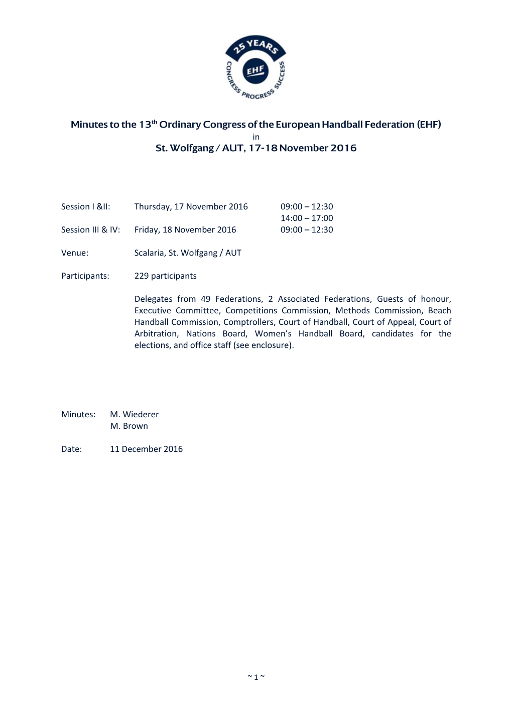 Minutes to the 13Th Ordinary Congress of the European Handball Federation (EHF) in St