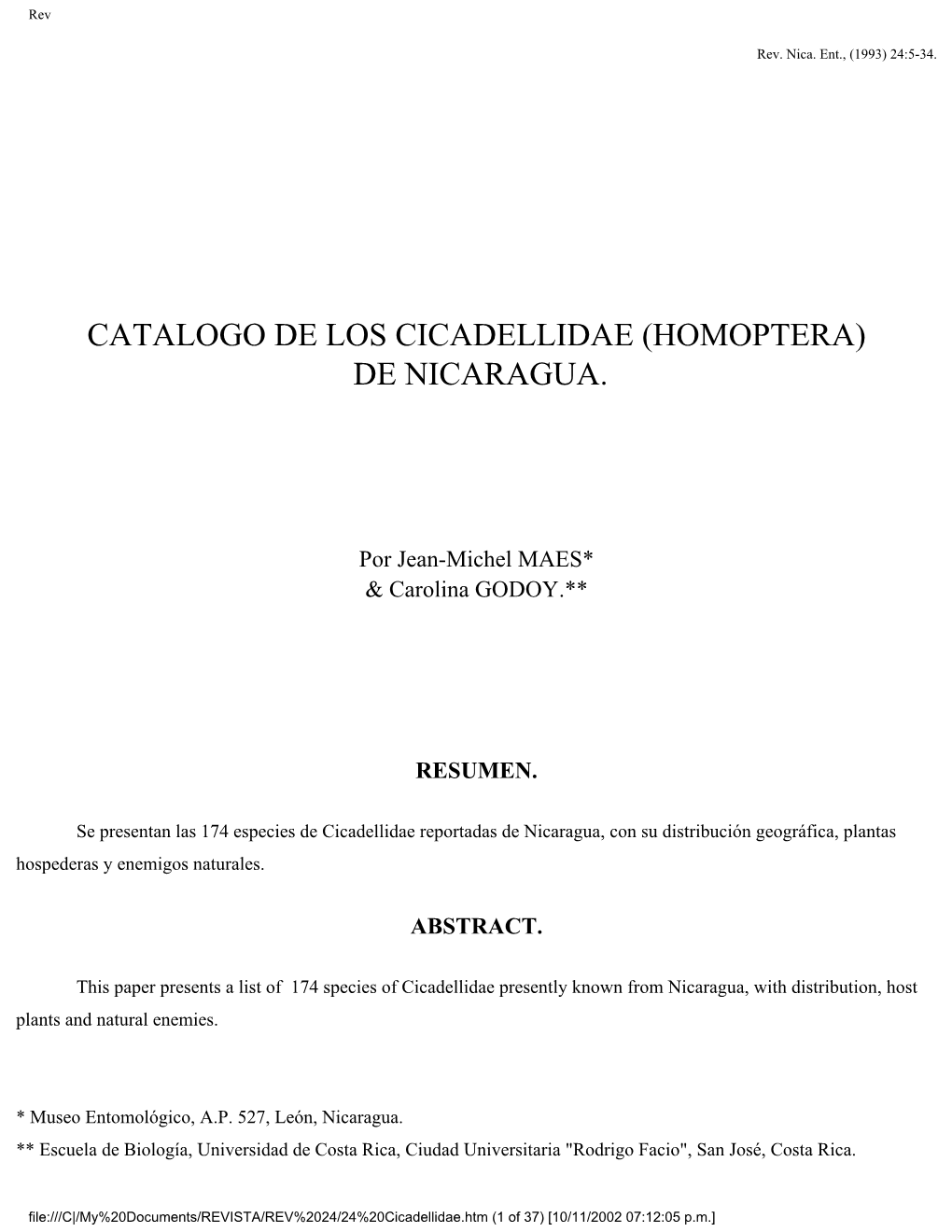 Catalogo De Los Cicadellidae (Homoptera) De Nicaragua