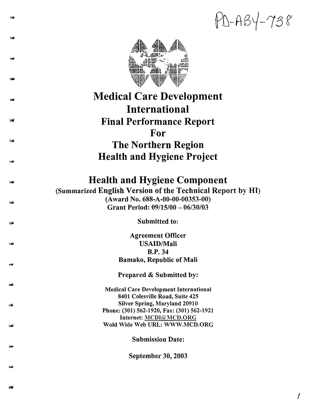 Medical Care Development International Final Performance Report for the Northern Region Health and Hygiene Project