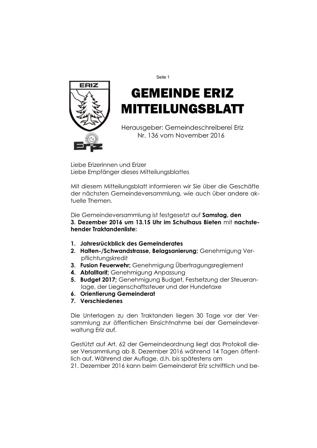 Gemeinde Eriz Mitteilungsblatt