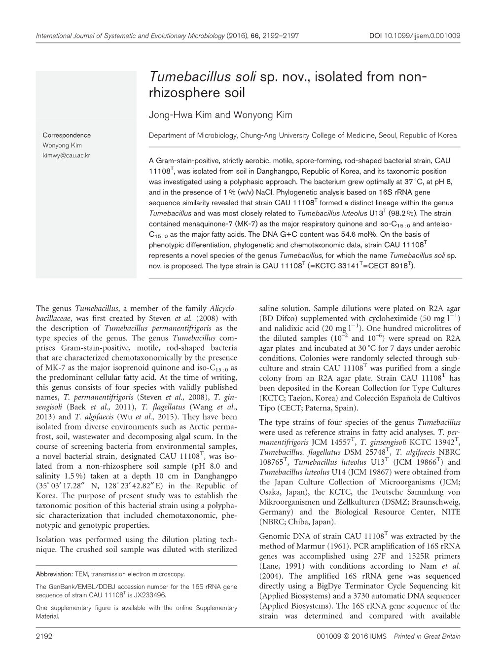 Tumebacillus Soli Sp. Nov., Isolated from Non- Rhizosphere Soil Jong-Hwa Kim and Wonyong Kim