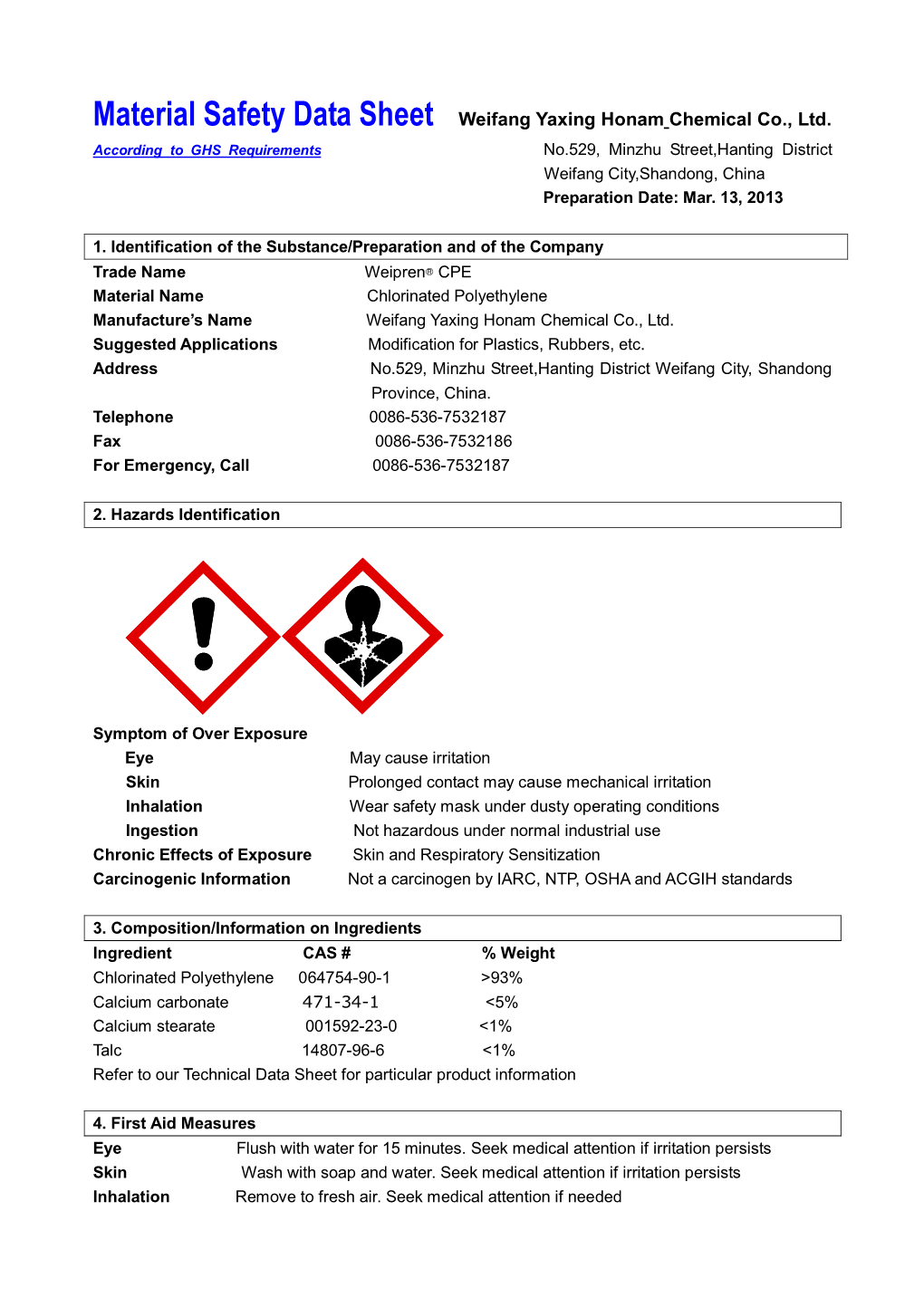 Material Safety Data Sheet Weifang Yaxing Honam Chemical Co., Ltd