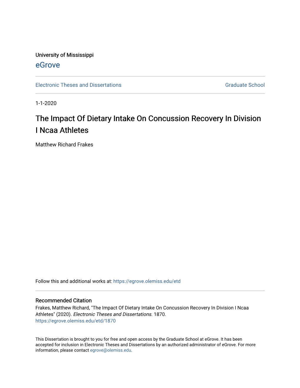 The Impact of Dietary Intake on Concussion Recovery in Division I Ncaa Athletes