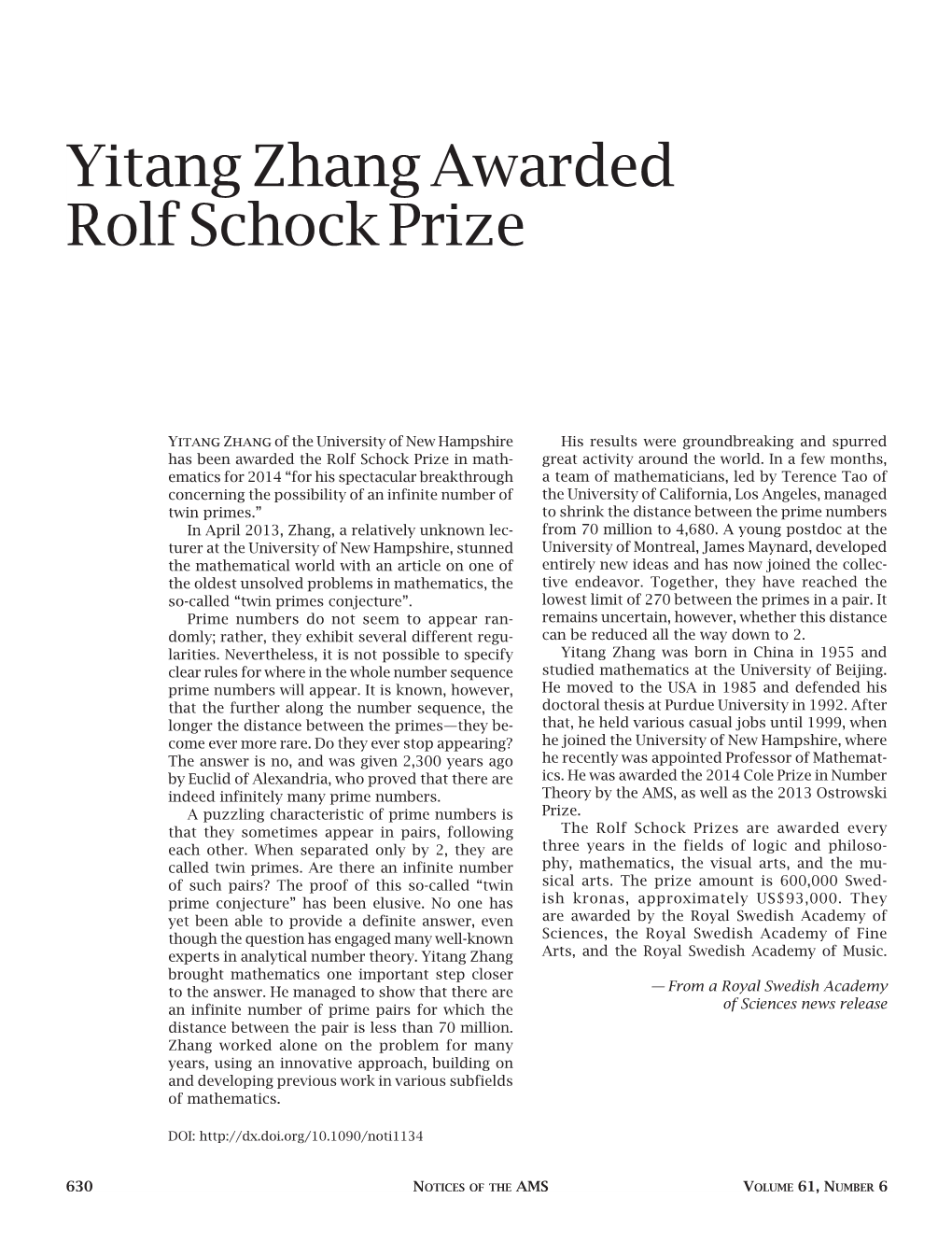 Yitang Zhang Awarded Rolf Schock Prize