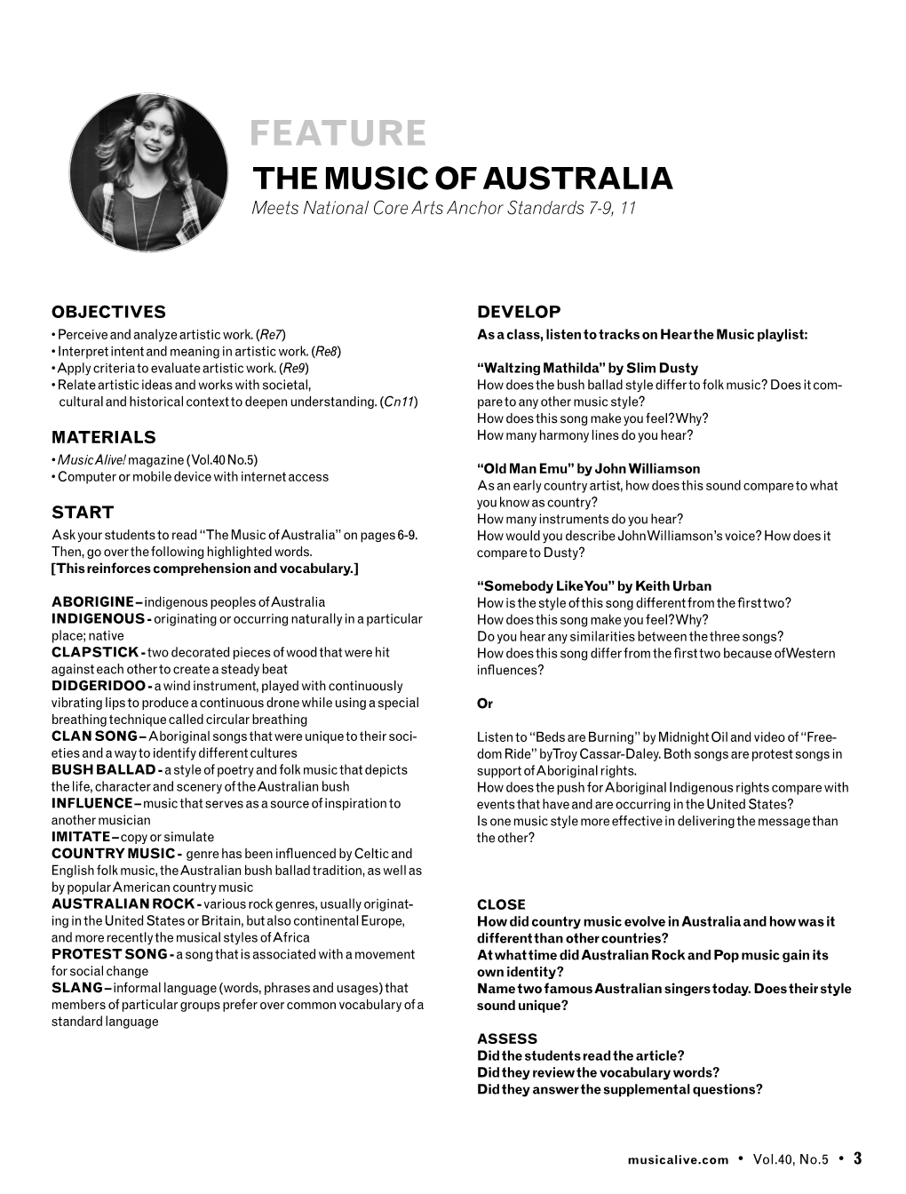 FEATURE the MUSIC of AUSTRALIA Meets National Core Arts Anchor Standards 7-9, 11