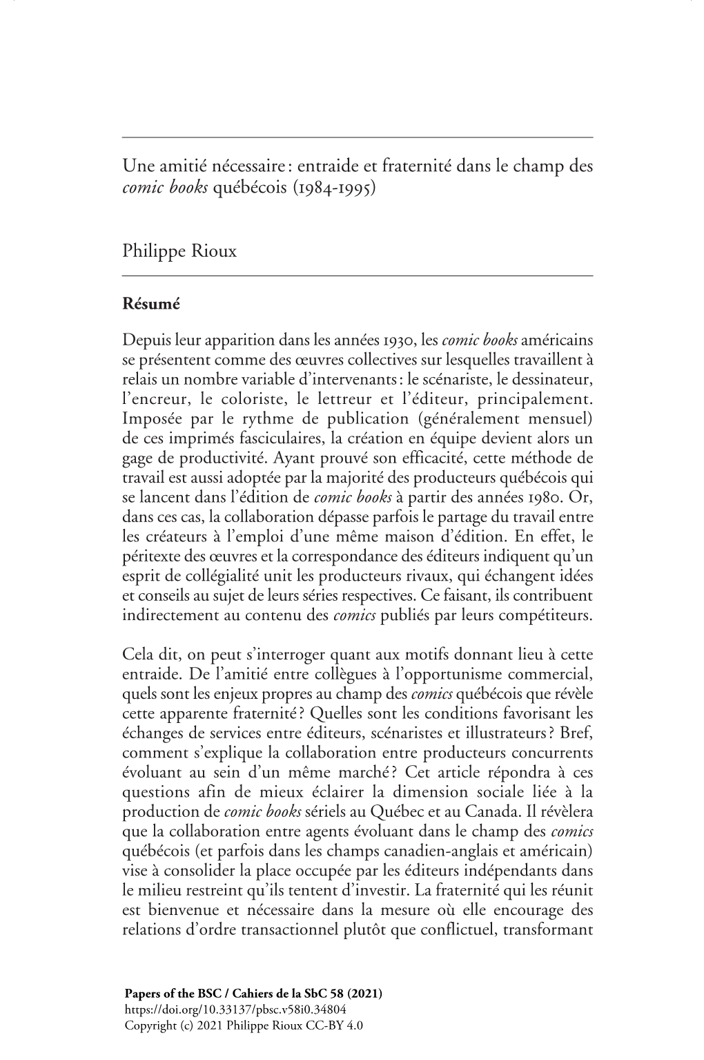 Entraide Et Fraternité Dans Le Champ Des Comic Books Québécois (1984-1995)