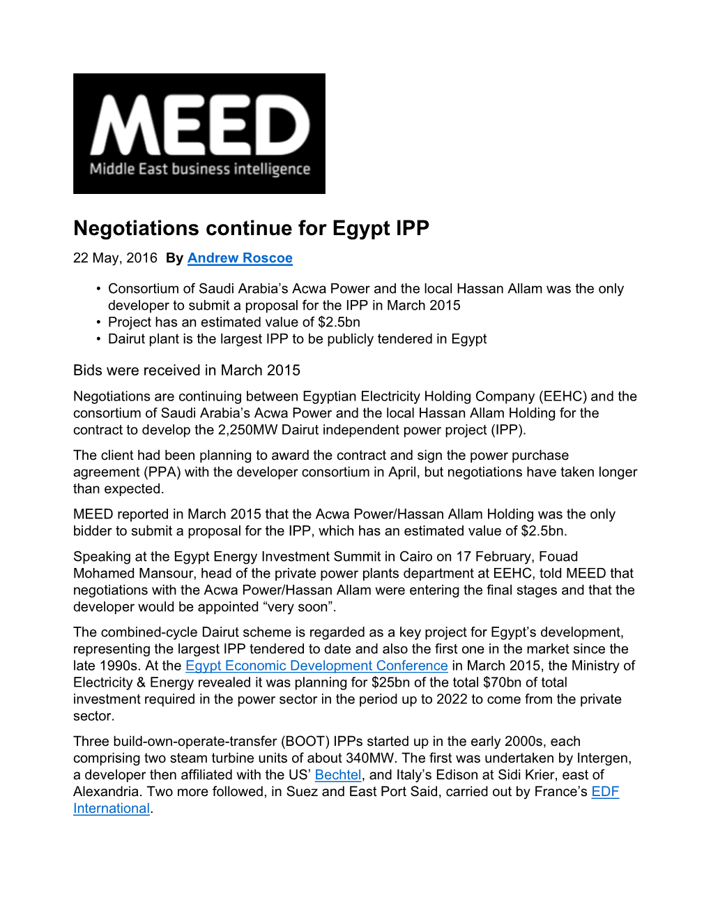 Negotiations Continue for Egypt IPP 22 May, 2016 by Andrew Roscoe