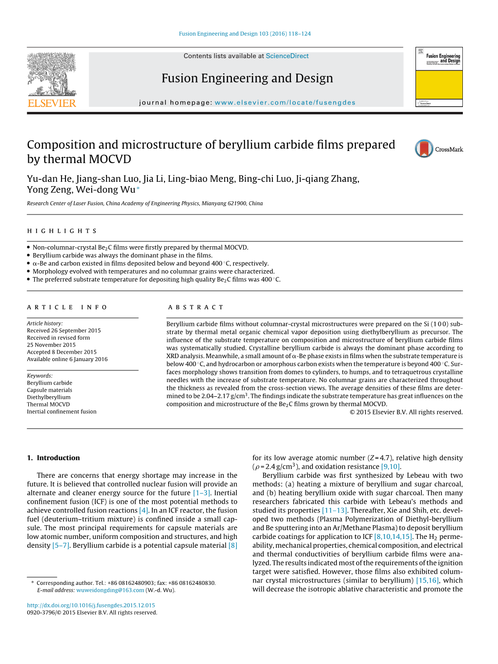 Composition and Microstructure of Beryllium Carbide Films Prepared By