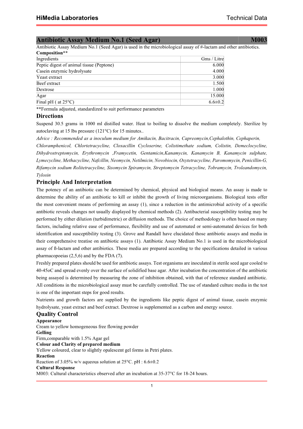 Antibiotic Assay Medium No.1 (Seed Agar) M003 Antibiotic Assay Medium No.1 (Seed Agar) Is Used in the Microbiological Assay of #-Lactam and Other Antibiotics