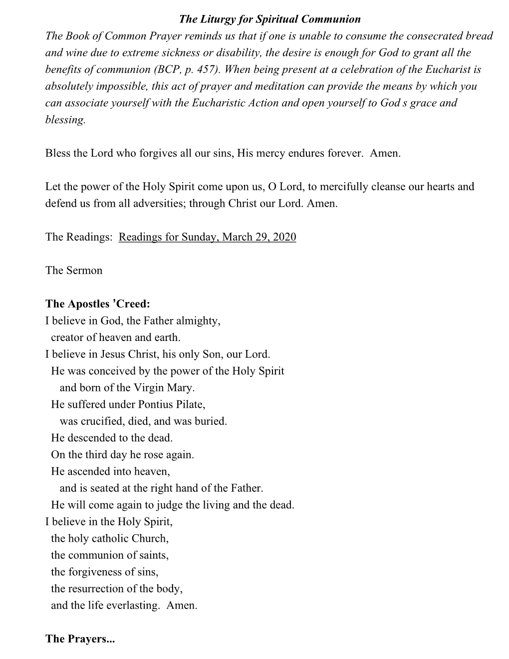 The Liturgy for Spiritual Communion the Book of Common Prayer