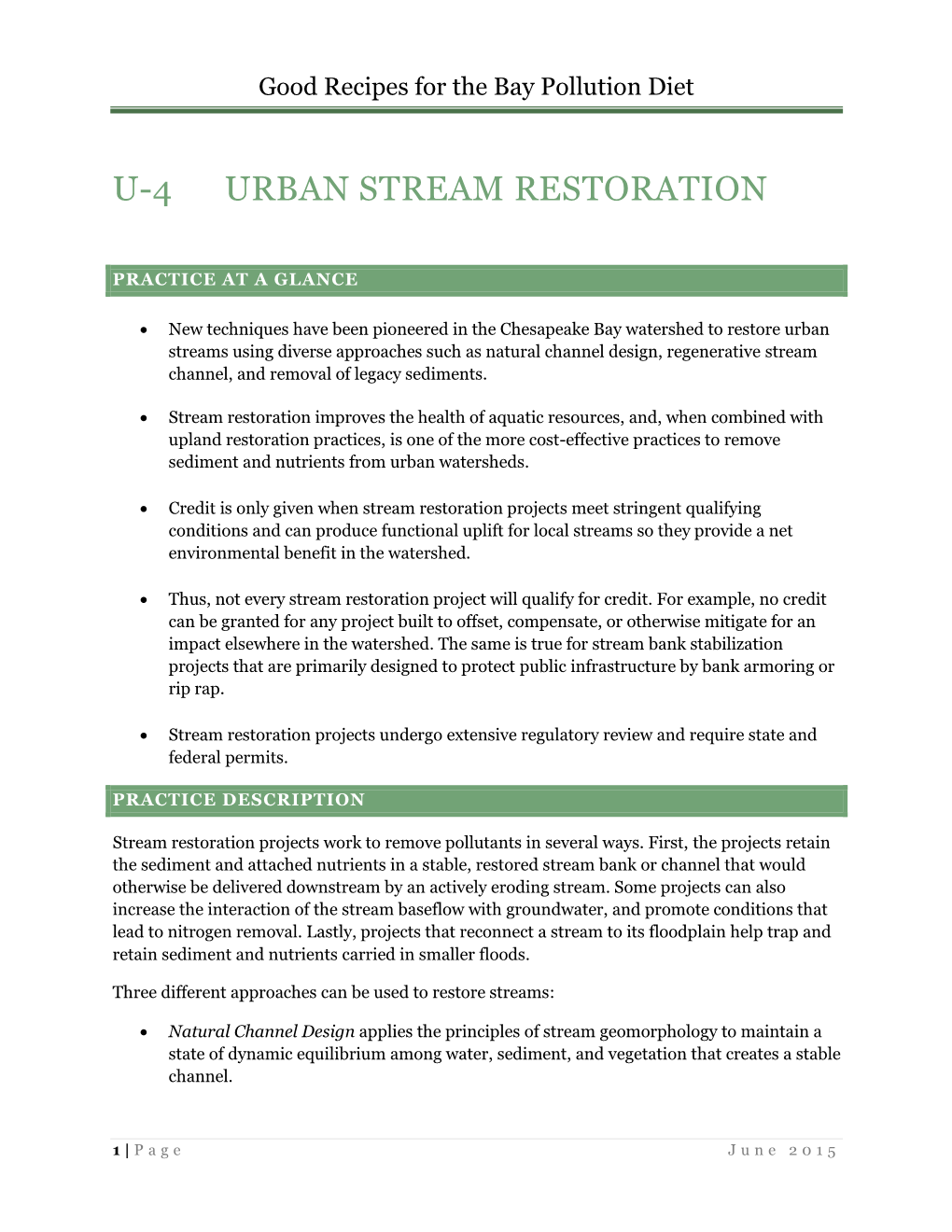 U4. Urban Stream Restoration Fact Sheet in Chesapeake Bay Watershed