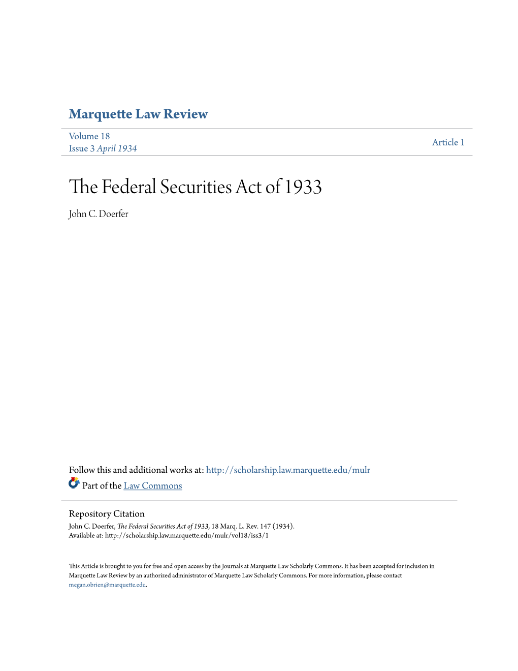 The Federal Securities Act of 1933, 18 Marq