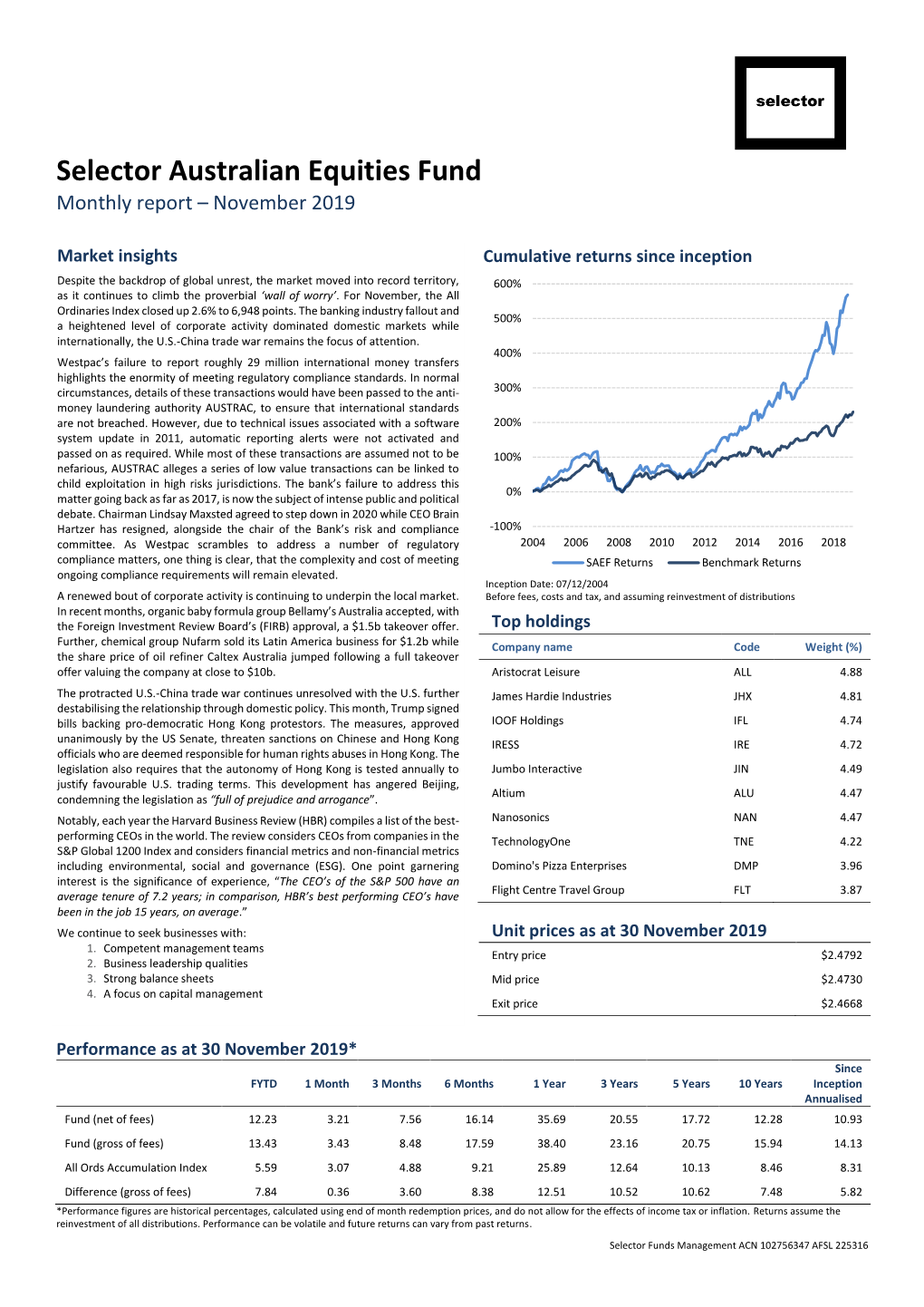 Selector Australian Equities Fund Monthly Report – November 2019