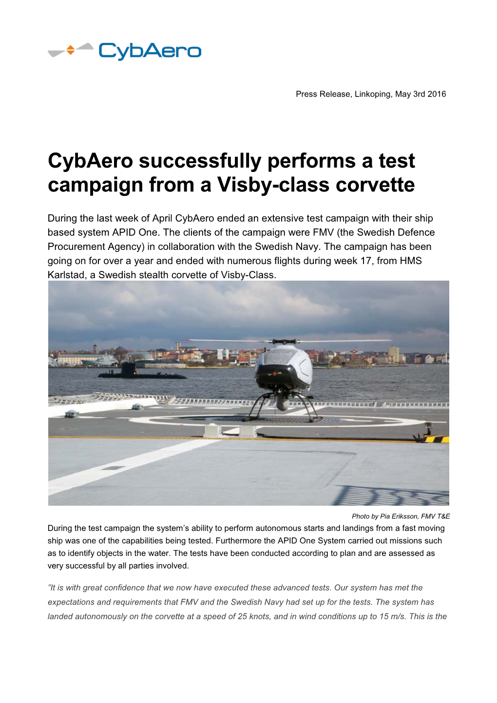 Cybaero Successfully Performs a Test Campaign from a Visby-Class Corvette