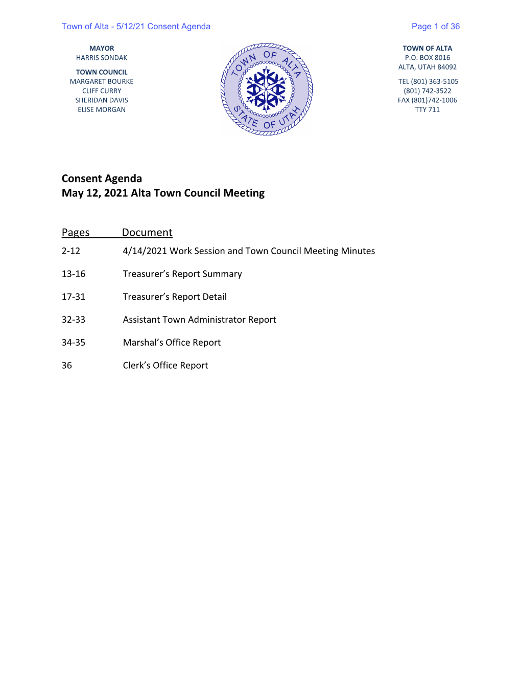 Consent Agenda May 12, 2021 Alta Town Council Meeting Pages