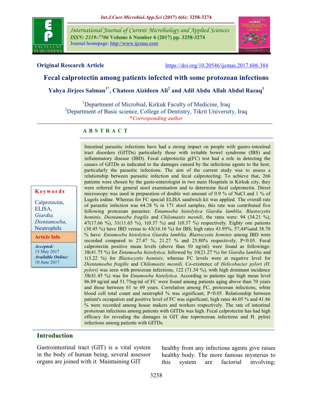 Fecal Calprotectin Among Patients Infected with Some Protozoan Infections