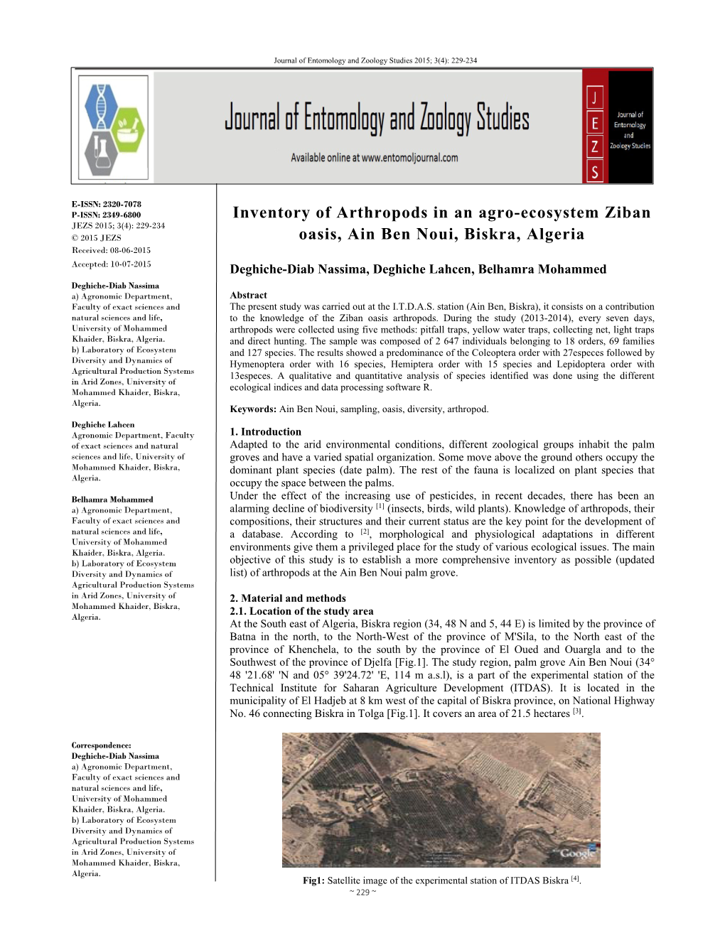 Inventory of Arthropods in an Agro-Ecosystem Ziban Oasis, Ain